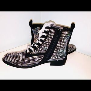 Rhinestone, Zip Up, Lace Up Ankle Boots